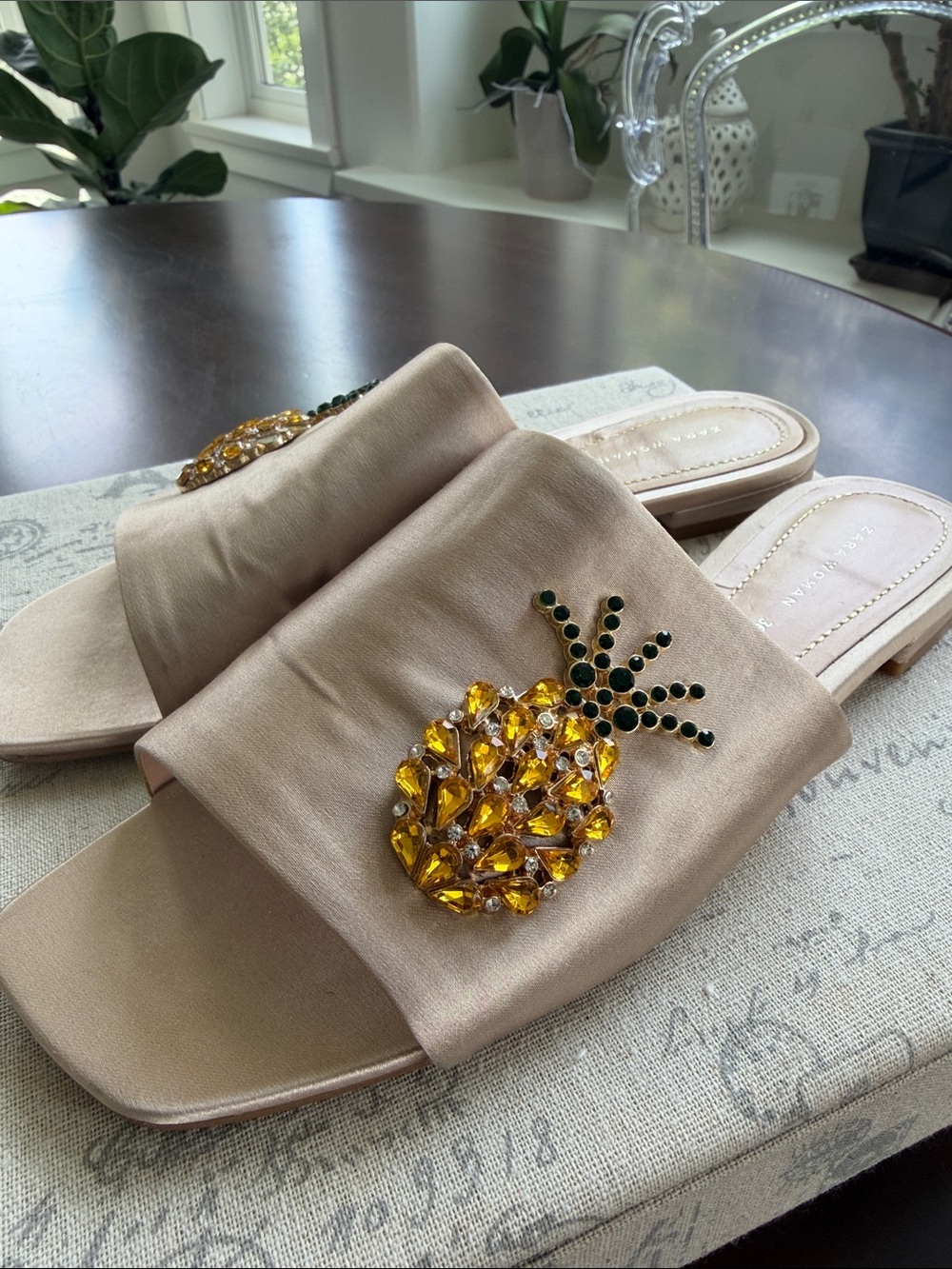 Zara Bejewelled Satin Pineapple Slides Size 36(6)